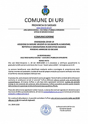 30.04.2020 avviso pubblicazione II graduatoria RETTIFICATA buoni spesa solidali persone ammesse