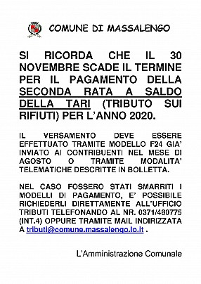 AVVISO SCADENZA II RATA TARI 2020