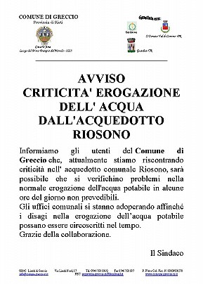 Avviso mancanza acquedotto Riosono